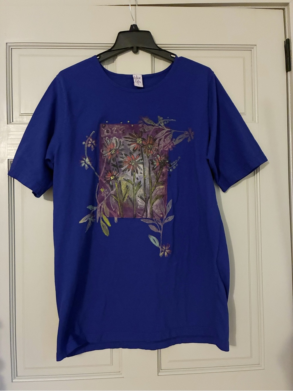 Vtg Blue Fish Organic Cotton Hand Painted Floral Art To Wear Tee Shirt Size 0